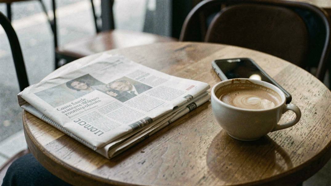 A kitchen table in flat morning light, a printed email request on top of a folded county map, a pen resting across the page and a mug beside it.