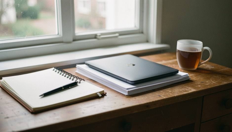 A writing desk by a window with a notebook, a laptop closed on a stack of paper and a cold cup of tea.