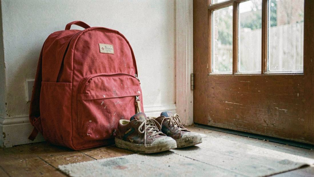 A child's red rucksack and a pair of scuffed school shoes waiting in a hallway beside a front door.