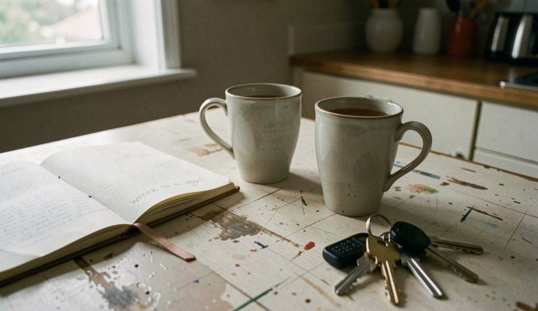 Two mugs of tea on a scrubbed kitchen table beside an open week to view diary and a set of house keys.
