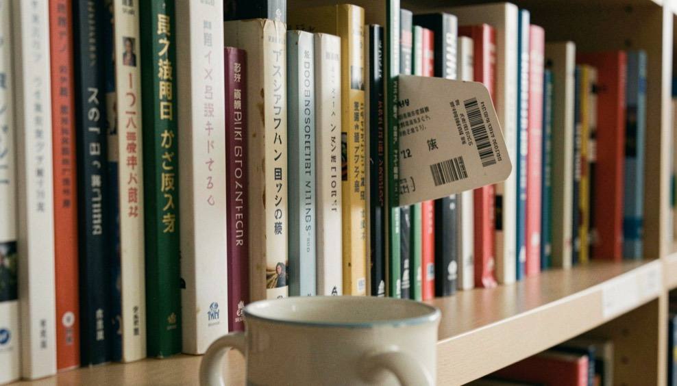 A shelf of well used paperbacks with a library ticket poking out of one and a mug in front.