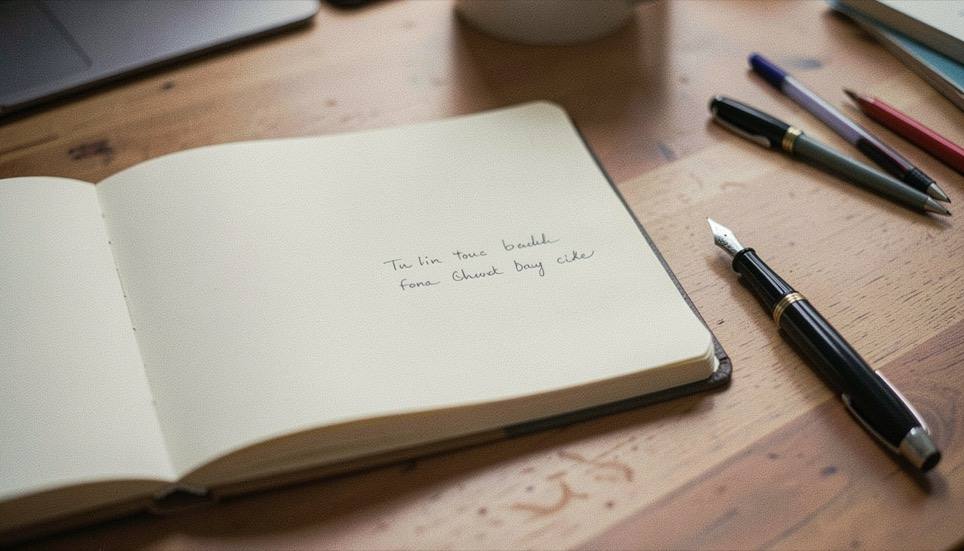 A hardback notebook open on a table with a few handwritten lines and a fountain pen resting beside it.