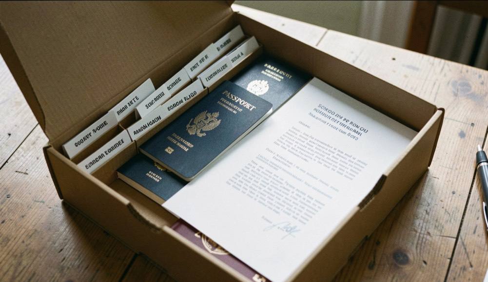 An open box file on a table holding labelled dividers, a passport and a folded school letter.