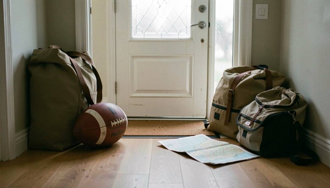 A hallway with two packed bags, a football and a folded map on the floor by the front door.