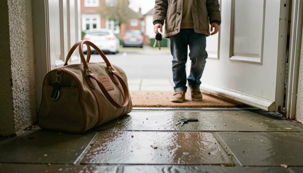 A front door open onto a wet pavement with a child's holdall on the step and car keys in a hand.