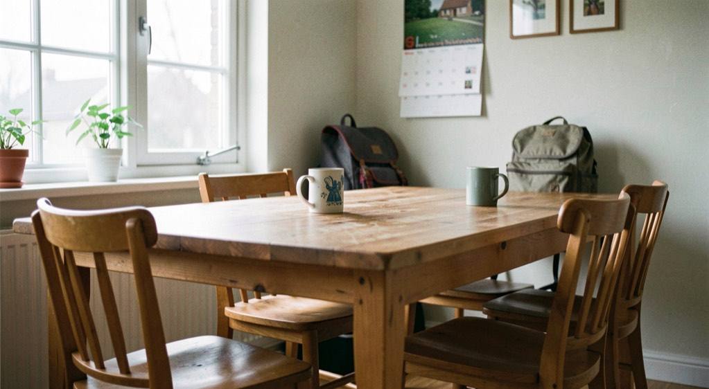 A long kitchen table by a window with chairs pulled out, mugs, a school bag and a wall calendar behind.