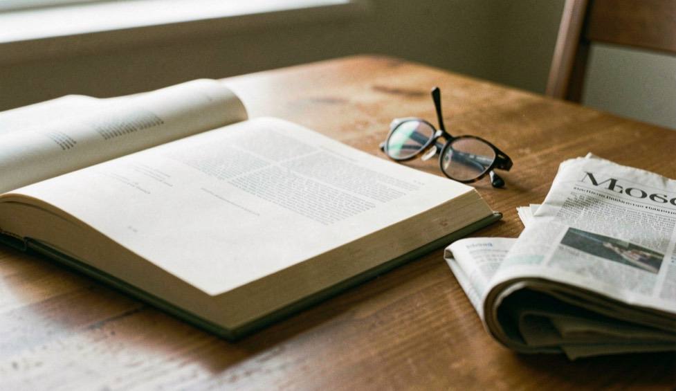A hardback reference book lying open on a table beside a pair of reading glasses and a folded newspaper.