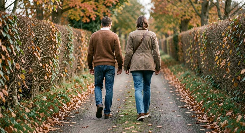 Two people walking side by side down a narrow hedged lane in autumn, seen from behind, leaves on the tarmac.