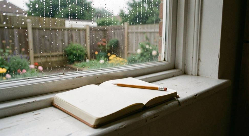 An open notebook and a pencil on a windowsill, with rain on the glass and a garden fence beyond.