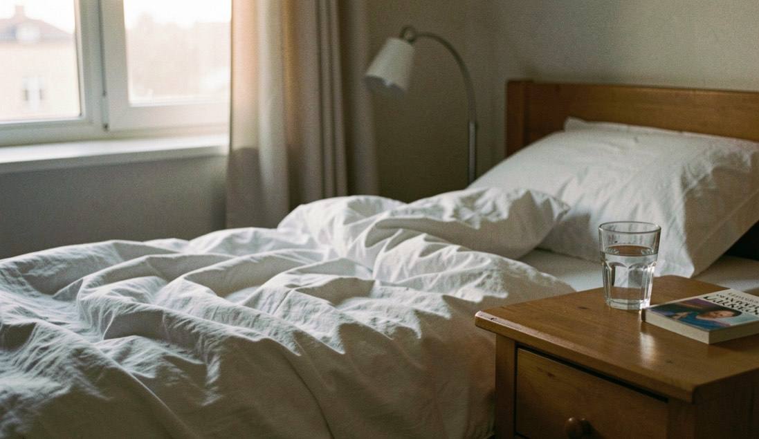 An unmade bed by a window at dawn with a bedside table holding a glass of water and a paperback.