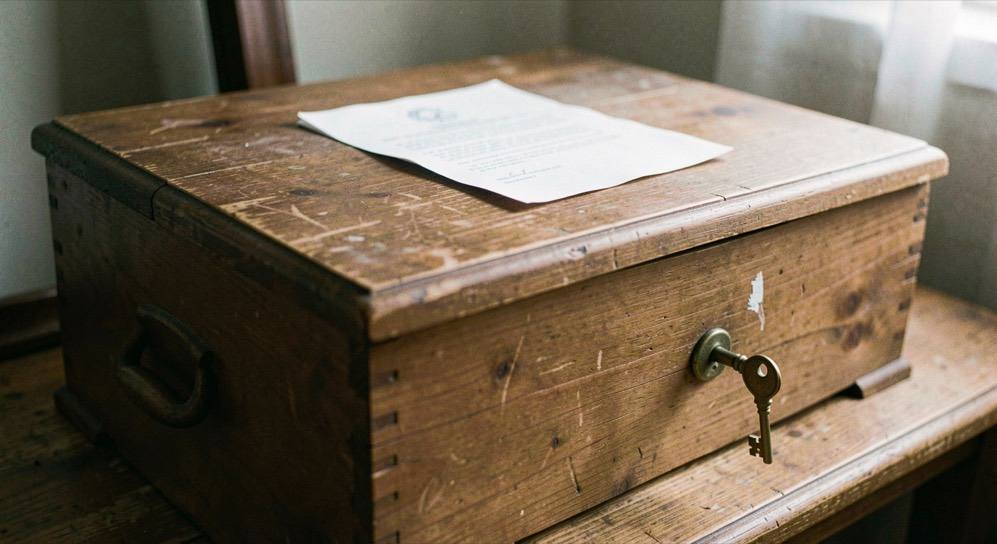 A closed wooden drawer with a small brass key in the lock and a folded paper on top.