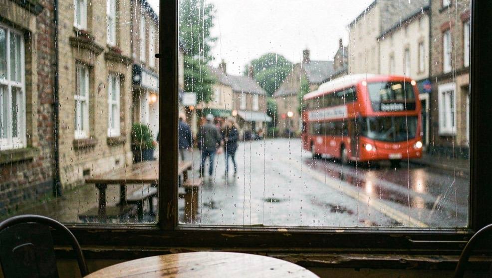 Rain running down a cafe window in a Devon town, with wet pavements and a red bus blurred outside.