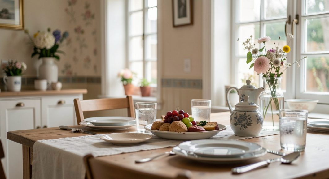 A long farmhouse kitchen table laid for a large meal, with extra chairs borrowed from other rooms and coats on hooks.