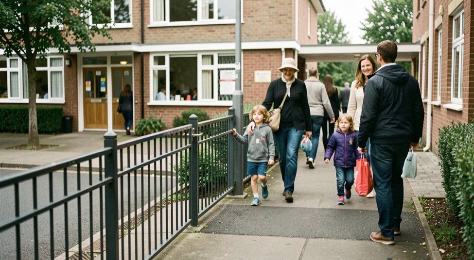 A primary school gate at morning drop off with parents and children arriving along a railed pavement.