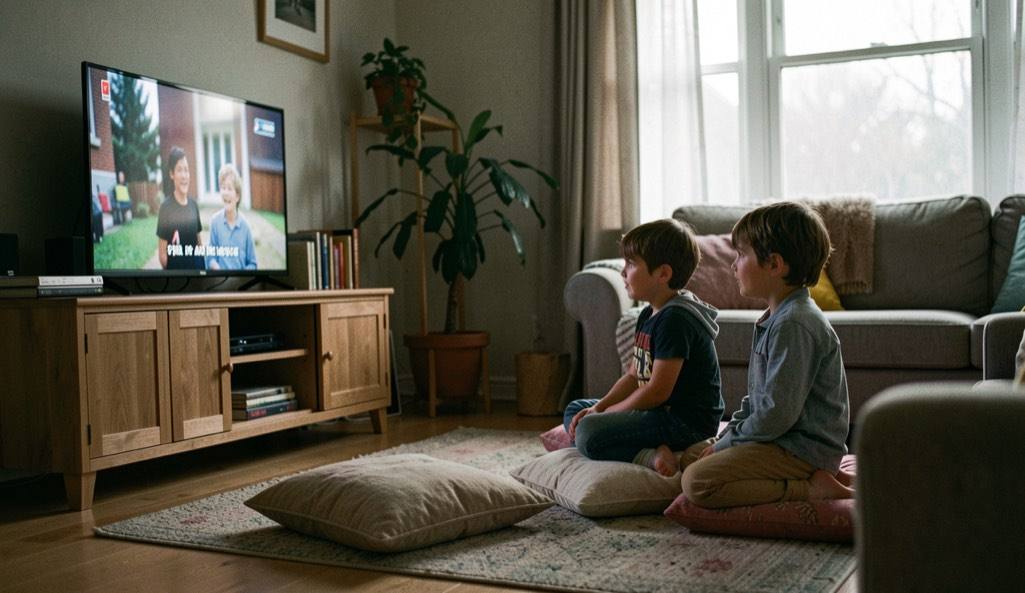 A living room in the evening with a television on and two children sitting on a rug with cushions.