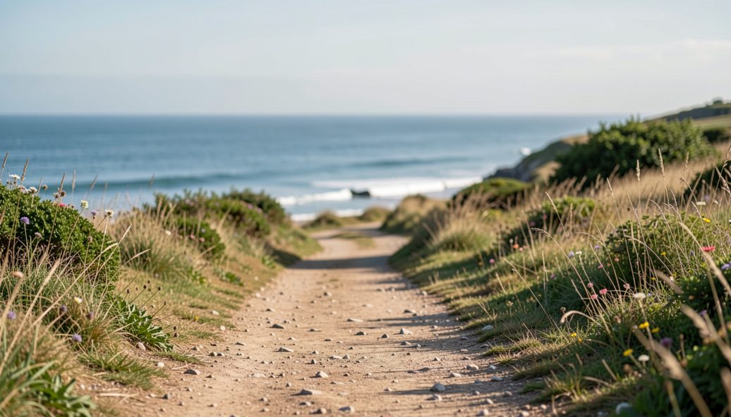 A grassy clifftop path above a calm grey sea, with a bench and a pair of binoculars resting on a rucksack.