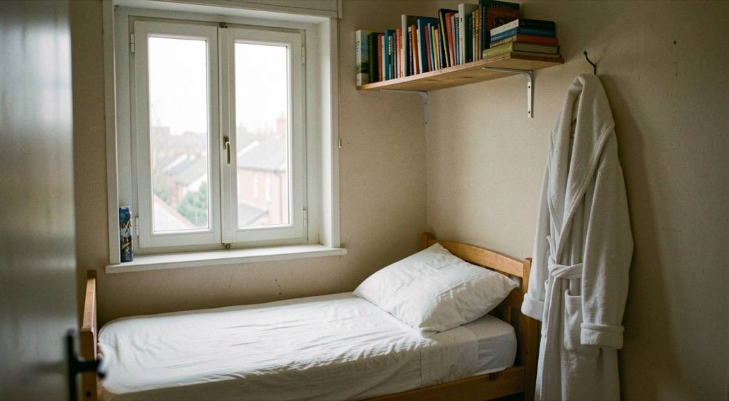A small box room with a single bed under a window, a shelf of books and a hook holding a dressing gown.