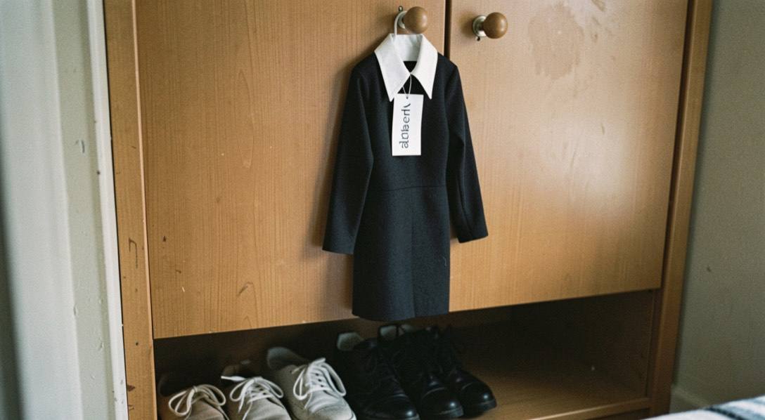 A school uniform hanging on a wardrobe door with a name tape stitched into the collar and shoes below.