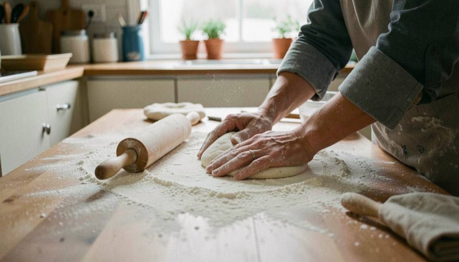 A kitchen table covered with flour, a rolling pin and two pairs of hands shaping dough.