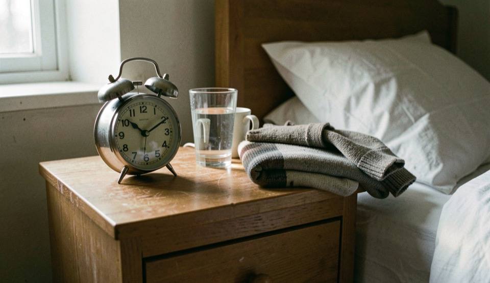A bedside table at first light holding an alarm clock, a glass of water and a folded jumper.
