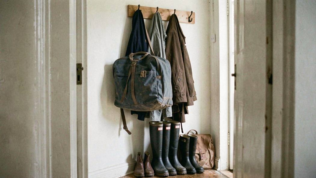 A hallway hook holding a coat and a packed holdall, with wellington boots lined up underneath.