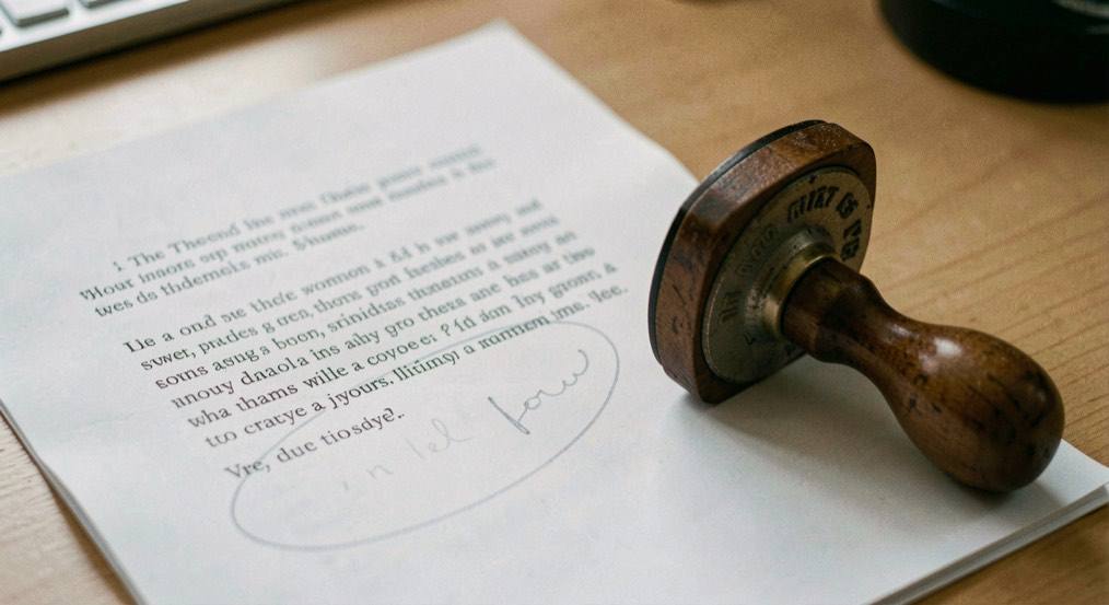 A printed page on a desk with one paragraph circled in pencil and a rubber stamp lying beside it.