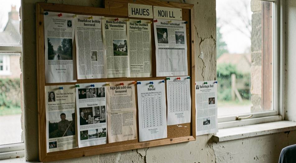 A community noticeboard in a village hall covered with pinned leaflets and a printed timetable.