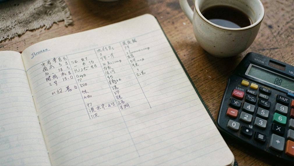 A notebook page ruled into columns with handwritten figures, beside a calculator and a cup of coffee.