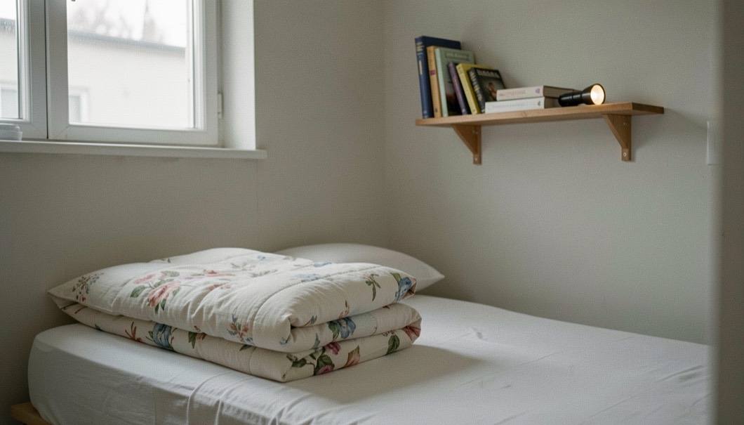A small bedroom with a single bed, a folded duvet and a shelf holding a few books and a torch.